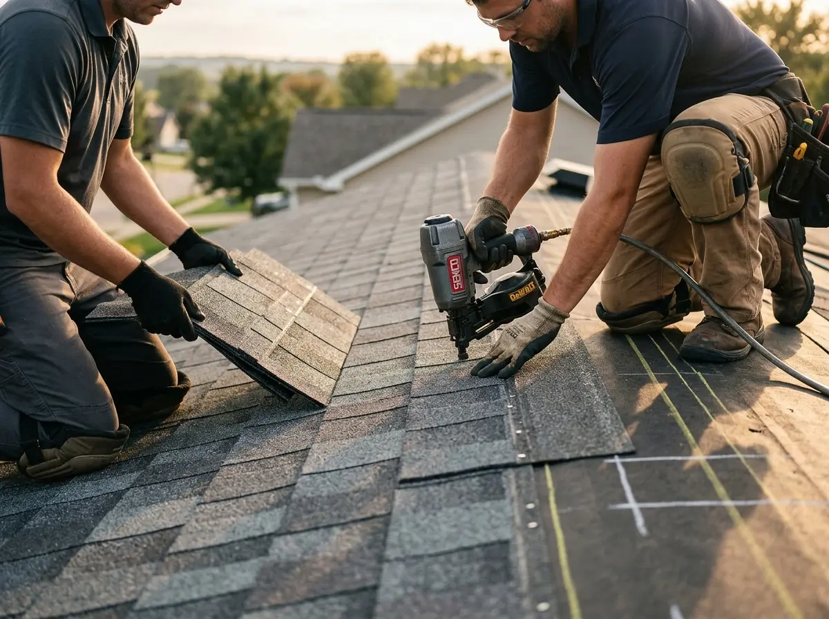 Professional roofer working on a residential roof in Bethany